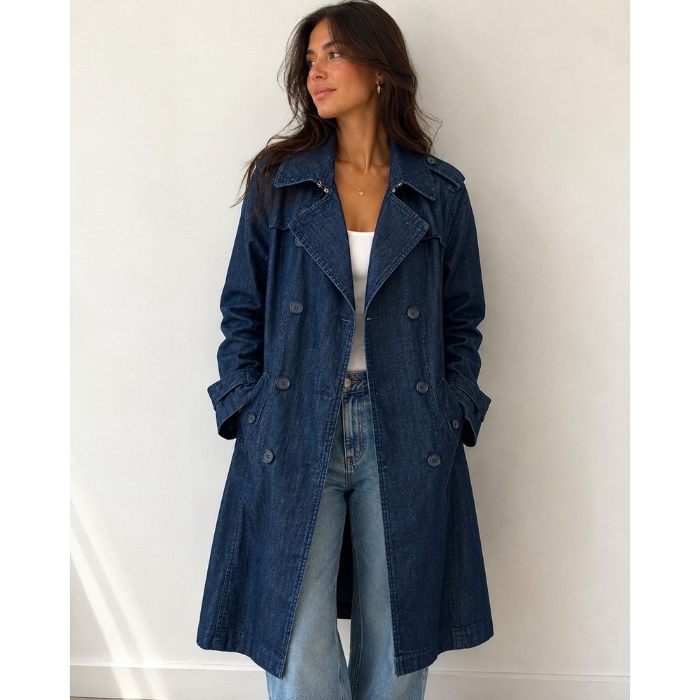 Talbots Double Breasted Denim Trench Coat Women's 4 Indigo Blue *no belt*